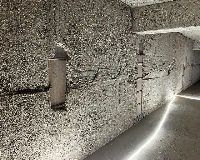 Wand einer Tiefgarage mit Lichterkette.