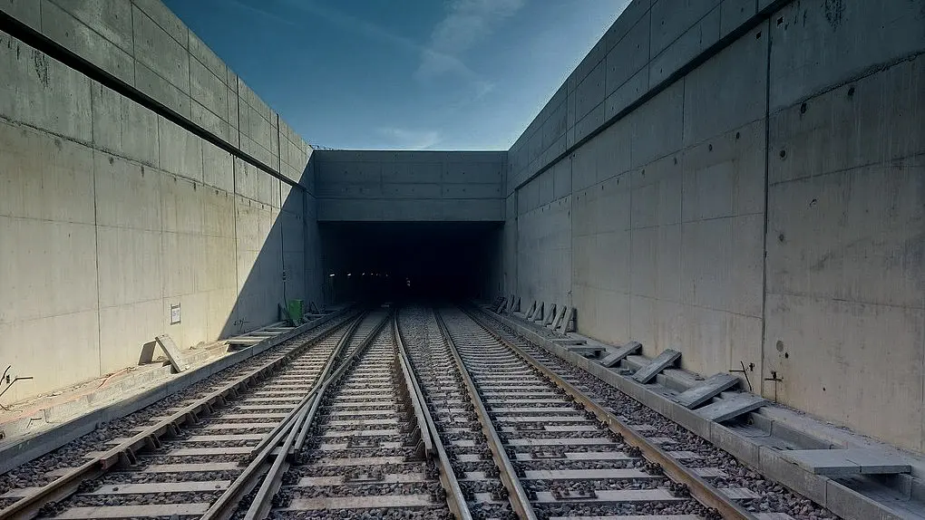 Gleise führen in einen Tunnel.