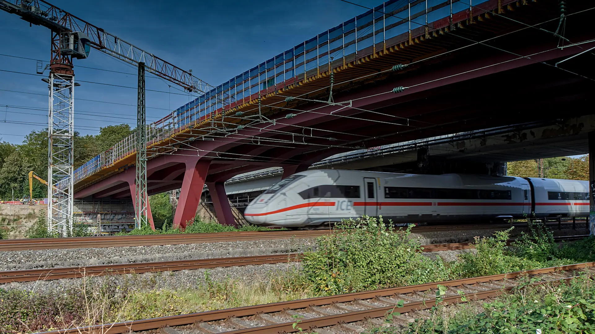 Unter einer Brücke fährt ein Zug.
