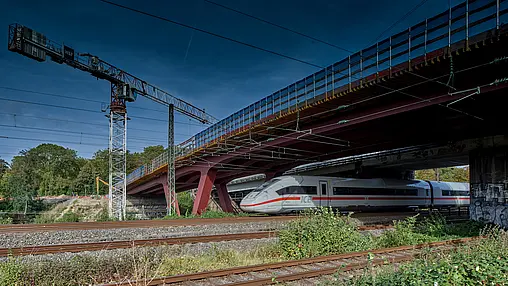 Unter einer Brücke fährt ein Zug.